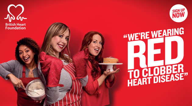 We're wearing red to clobber heart disease and photo of women with baking materials